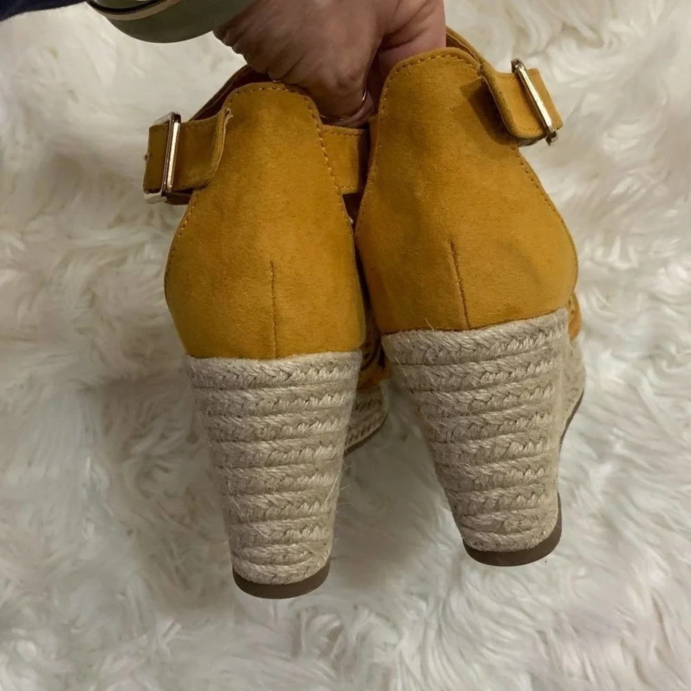 JustFab Mabel Yellow Espadrille Wedge Sandals Size 6.5 Platform Ankle Strap